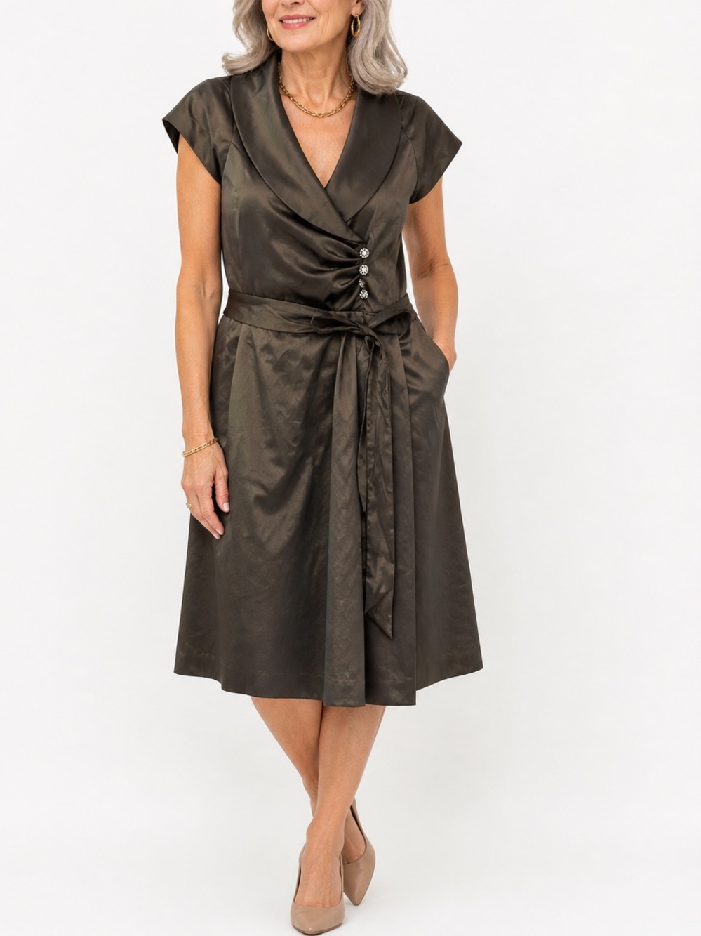 dressbarn Olive Green Satin Faux-Wrap Midi Dress with Shawl Collar